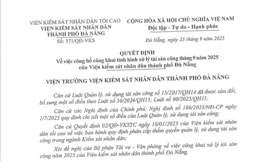 Quyết định v/v công khai tình hình xử lý tài sản công tháng 9 năm 2025 của VKSND thành phố Đà Nẵng