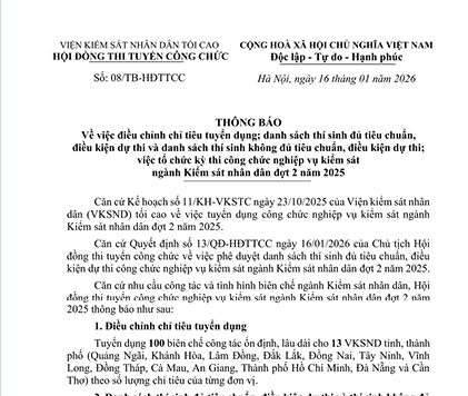 THÔNG BÁO về việc điều chỉnh chỉ tiêu tuyển dụng; danh sách thí sinh đủ tiêu chuẩn, điều kiện dự thi và danh sách thí sinh không đủ tiêu chuẩn, điều kiện dự thi; việc to chức kỳ thi công chức nghiệp vụ kiểm sát ngành Kiểm sát nhân dân đợt 2 năm 2025