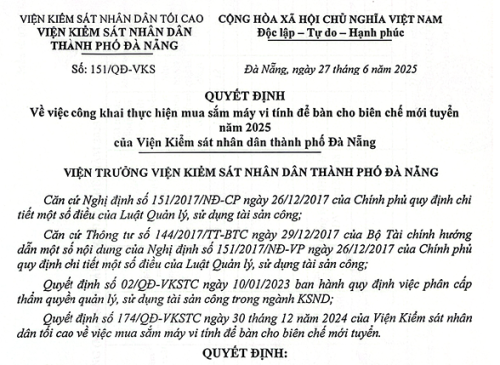 QUYẾT ĐỊNH về việc công khai thực hiện mua sắm máy vi tính để bàn cho biên chế mới tuyển năm 2025