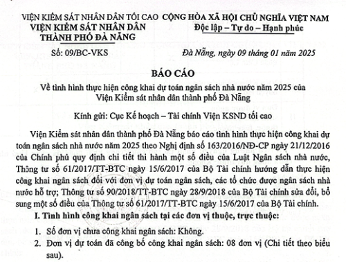 BÁO CÁO về tình hình thực hiện công khai dự toán ngân sách nhà nước năm 2025 của Viện Kiểm sát nhân dân thành phố Đà Nẵng