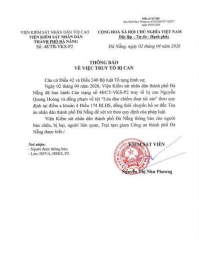 Viện Kiểm sát nhân dân thành phố Đà Nẵng thông báo về việc truy tố vụ án hình sự “Lừa đảo chiếm đoạt tài sản” xảy ra tại công ty TNHH MTV Tư vấn Đầu tư GFDI