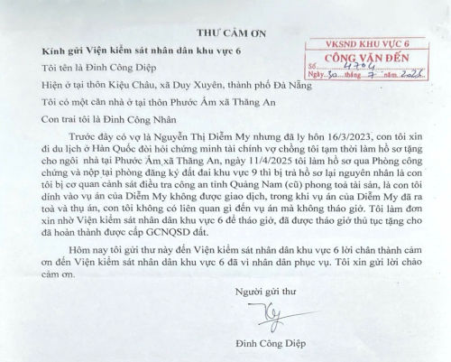 Từ lá đơn đến thư cảm ơn của công dân về tinh thần “vì Nhân dân phục vụ” của Viện kiểm sát nhân dân Khu vực 6, thành phố Đà Nẵng