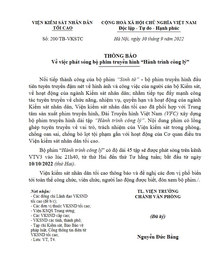 Thông báo về việc phát sóng bộ phim truyền hình "Hành trình công lý"