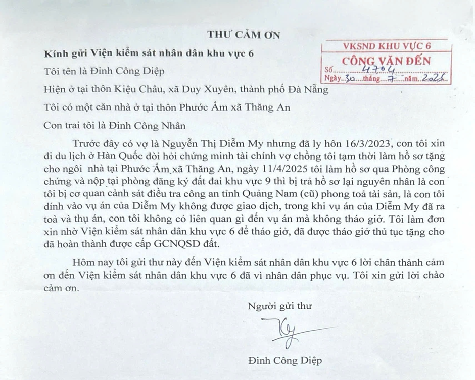 Từ lá đơn đến thư cảm ơn của công dân về tinh thần “vì Nhân dân phục vụ” của Viện kiểm sát nhân dân Khu vực 6, thành phố Đà Nẵng